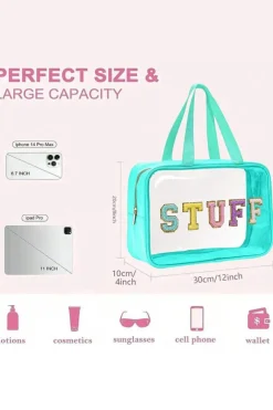 Hot Dear-Lover STUFF Glitter Chenille Patched Transparent Makeup Bag Light Blue