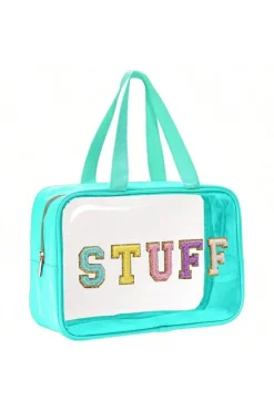 Hot Dear-Lover STUFF Glitter Chenille Patched Transparent Makeup Bag Light Blue
