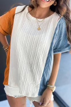 Clearance Dear-Lover Textured Color Block Loose Fit T Shirt Light Blue
