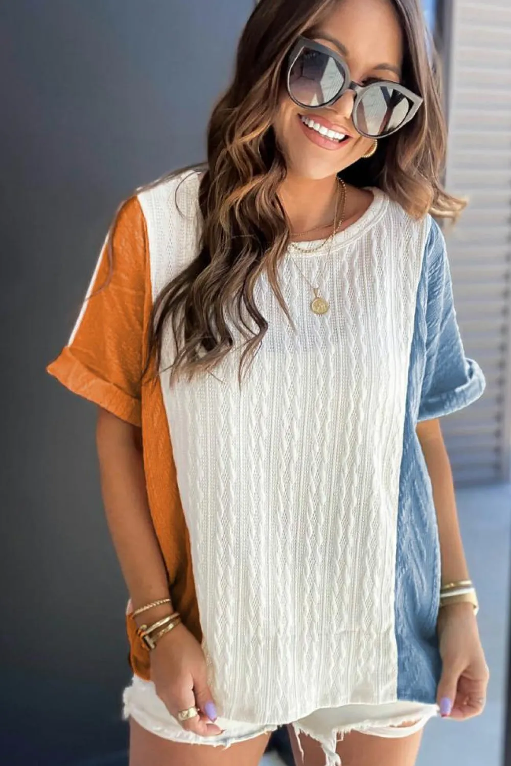 Clearance Dear-Lover Textured Color Block Loose Fit T Shirt Light Blue
