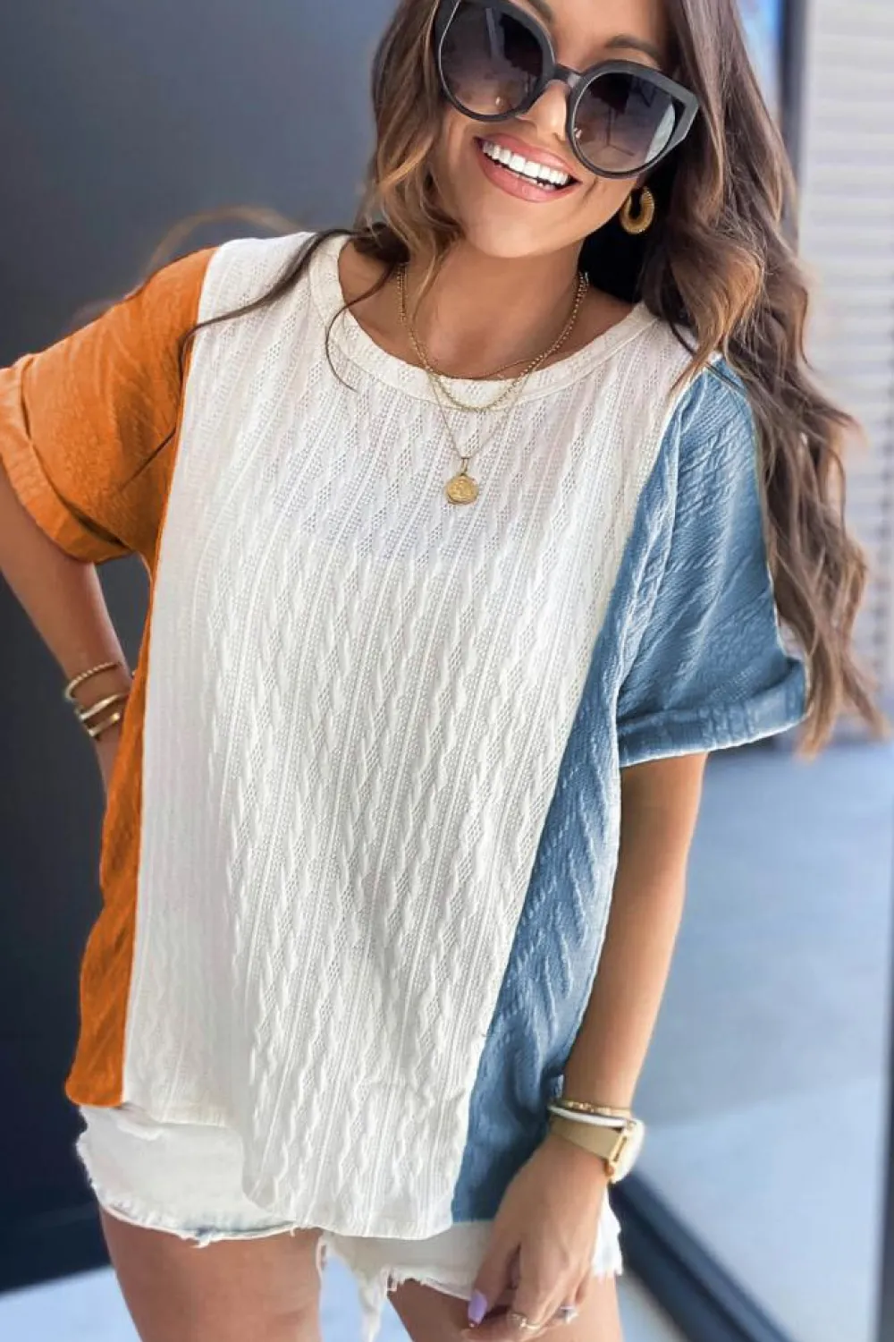 Clearance Dear-Lover Textured Color Block Loose Fit T Shirt Light Blue