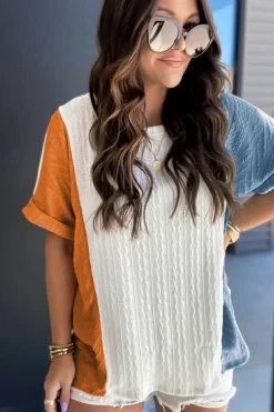 Clearance Dear-Lover Textured Color Block Loose Fit T Shirt Light Blue