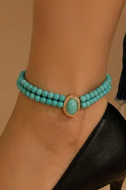 New Dear-Lover Turquoise Beaded Double Layered Anklet Light Blue