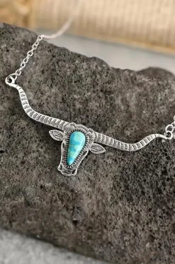 Online Dear-Lover Turquoise Steer Head Pendant Chain Necklace Light Blue