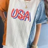 Hot Dear-Lover USA Embroidered Cable Textured Knit Cuffed Sleeve Colorblock Tee Light Blue
