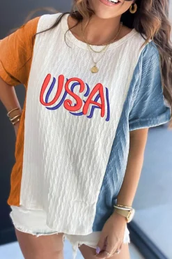 Hot Dear-Lover USA Embroidered Cable Textured Knit Cuffed Sleeve Colorblock Tee Light Blue