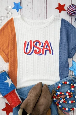 Hot Dear-Lover USA Embroidered Cable Textured Knit Cuffed Sleeve Colorblock Tee Light Blue
