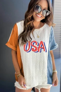 Hot Dear-Lover USA Embroidered Cable Textured Knit Cuffed Sleeve Colorblock Tee Light Blue