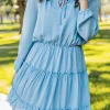 Best Dear-Lover Light Blue V Neck Long Sleeve Ruffle Tiered Mini Dress Sky Blue