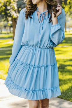 Best Dear-Lover Light Blue V Neck Long Sleeve Ruffle Tiered Mini Dress Sky Blue