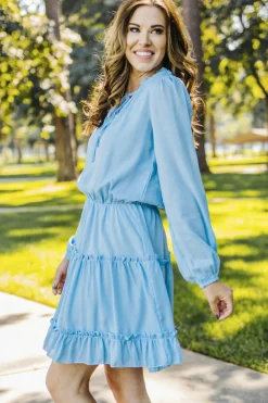 Best Dear-Lover Light Blue V Neck Long Sleeve Ruffle Tiered Mini Dress Sky Blue