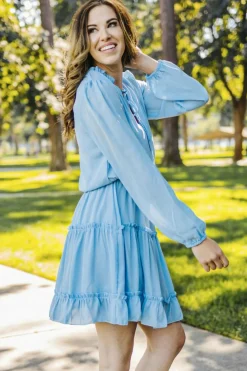 Best Dear-Lover Light Blue V Neck Long Sleeve Ruffle Tiered Mini Dress Sky Blue