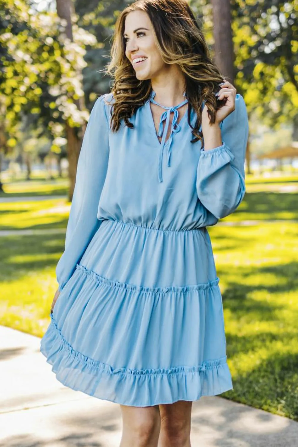 Best Dear-Lover Light Blue V Neck Long Sleeve Ruffle Tiered Mini Dress Sky Blue
