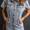Clearance Dear-Lover Vintage Washed Buttons Pocketed Denim Romper Light Blue