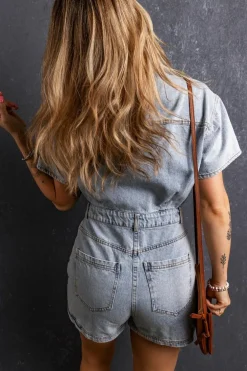 Clearance Dear-Lover Vintage Washed Buttons Pocketed Denim Romper Light Blue