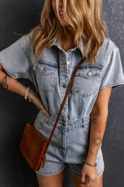 Clearance Dear-Lover Vintage Washed Buttons Pocketed Denim Romper Light Blue