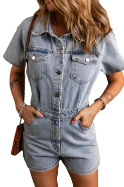 Clearance Dear-Lover Vintage Washed Buttons Pocketed Denim Romper Light Blue