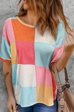 Online Dear-Lover Waffle Knit Colorblock Loose T Shirt Light Blue