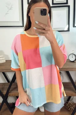 Online Dear-Lover Waffle Knit Colorblock Loose T Shirt Light Blue