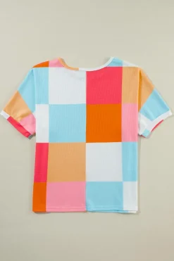 Online Dear-Lover Waffle Knit Colorblock Loose T Shirt Light Blue