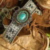 Sale Dear-Lover Western Pattern Turquoise Decor Lace-up PU Leather Hat Band Light Blue