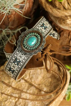 Sale Dear-Lover Western Pattern Turquoise Decor Lace-up PU Leather Hat Band Light Blue