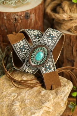 Sale Dear-Lover Western Pattern Turquoise Decor Lace-up PU Leather Hat Band Light Blue