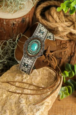 Sale Dear-Lover Western Pattern Turquoise Decor Lace-up PU Leather Hat Band Light Blue