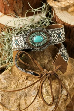 Sale Dear-Lover Western Pattern Turquoise Decor Lace-up PU Leather Hat Band Light Blue
