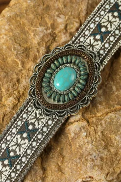 Sale Dear-Lover Western Pattern Turquoise Decor Lace-up PU Leather Hat Band Light Blue