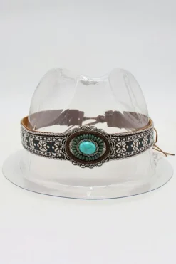 Sale Dear-Lover Western Pattern Turquoise Decor Lace-up PU Leather Hat Band Light Blue