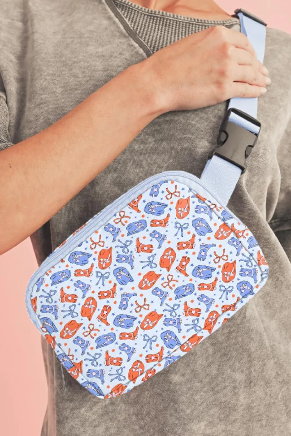 Best Dear-Lover Western Pattern Print Wide Belt Zipper Sling Bag Light Blue