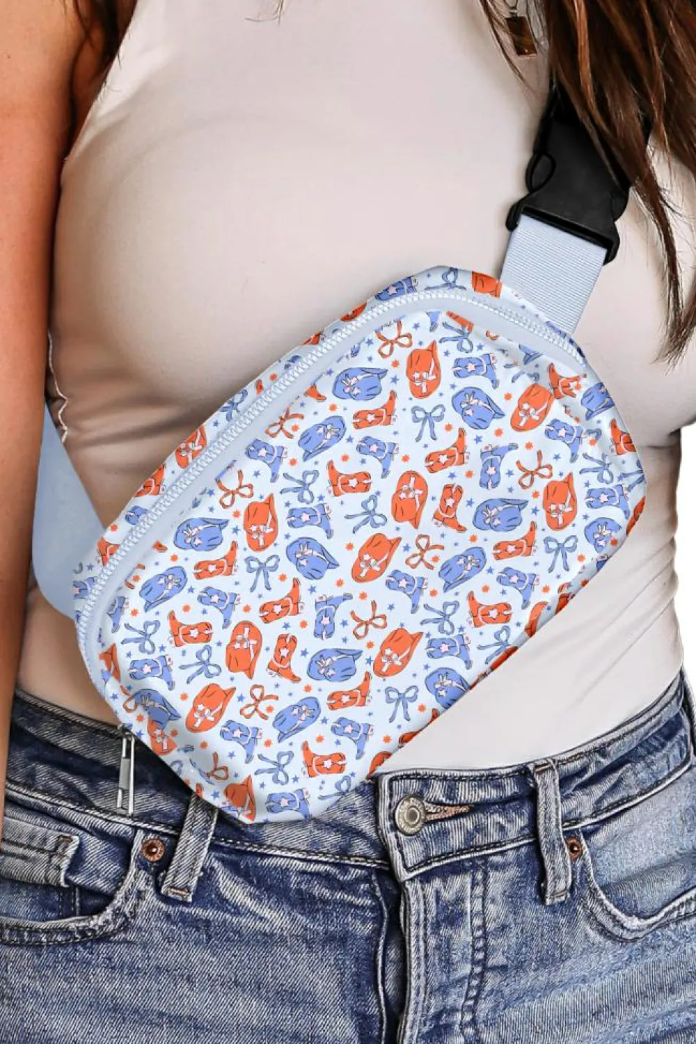 Best Dear-Lover Western Pattern Print Wide Belt Zipper Sling Bag Light Blue
