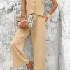 Online Dear-Lover Buttoned V Neck Tank Top and Wide Leg High Waist Pants Set Light French Beige