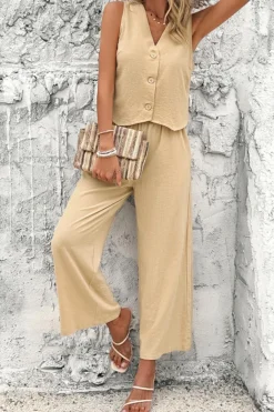 Online Dear-Lover Buttoned V Neck Tank Top and Wide Leg High Waist Pants Set Light French Beige