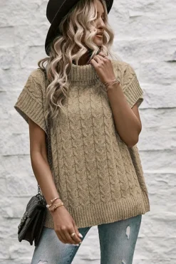 Sale Dear-Lover Cable Knit Turtleneck Batwing Sleeve Sweater Light French Beige