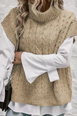 Sale Dear-Lover Cable Knit Turtleneck Batwing Sleeve Sweater Light French Beige