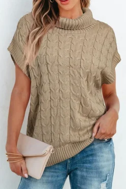 Sale Dear-Lover Cable Knit Turtleneck Batwing Sleeve Sweater Light French Beige