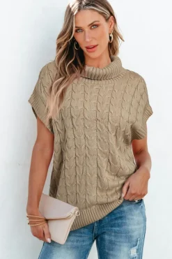 Sale Dear-Lover Cable Knit Turtleneck Batwing Sleeve Sweater Light French Beige