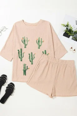 Outlet Dear-Lover Cactus Forest Waffle Half Sleeve Tee Short Set Light French Beige