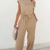 Best Dear-Lover Cap Sleeve Open Back Drawstring Jogger Jumpsuit Light French Beige