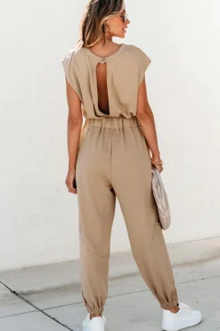 Best Dear-Lover Cap Sleeve Open Back Drawstring Jogger Jumpsuit Light French Beige