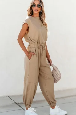 Best Dear-Lover Cap Sleeve Open Back Drawstring Jogger Jumpsuit Light French Beige