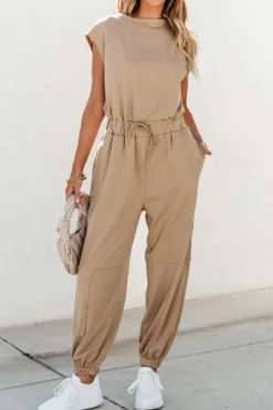 Best Dear-Lover Cap Sleeve Open Back Drawstring Jogger Jumpsuit Light French Beige