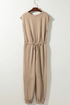 Best Dear-Lover Cap Sleeve Open Back Drawstring Jogger Jumpsuit Light French Beige