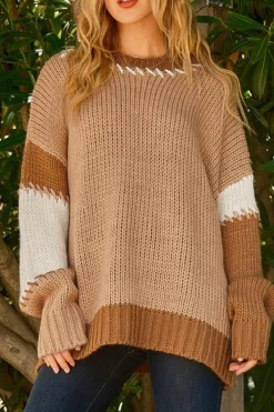 Discount Dear-Lover Color Block Contrast Stitch Oversized Sweater Light French Beige