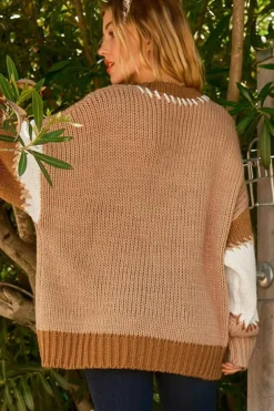 Discount Dear-Lover Color Block Contrast Stitch Oversized Sweater Light French Beige