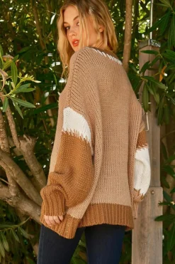 Discount Dear-Lover Color Block Contrast Stitch Oversized Sweater Light French Beige