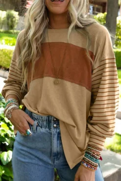 Discount Dear-Lover Colorblock Striped Bishop Sleeve Top Light French Beige