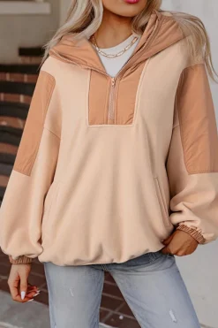 Online Dear-Lover Colorblock Patchwork Half Zip Oversized Sherpa Hoodie Light French Beige